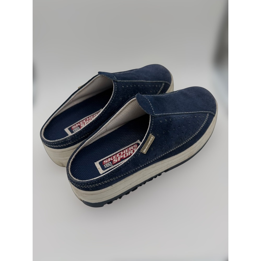 Skechers Y2K Sport Navy Blue Suede Platform Mules Chunky Slip On Clogs Womens